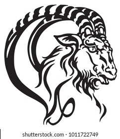 Capricorn Logo. Head Of Mythological Sea Goat. Tribal Tattoo Style Astrological Sign . Black And White Vector Illustration