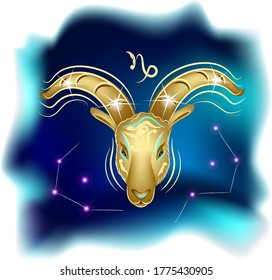 Capricorn, magic witchcraft card with astrology. Capricorn zodiac sign. Realistic hand drawing ram or mouflon head. Zodiac characteristic