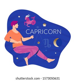 Capricorn man zodiac and horoscope concept. Modern vector art with man and capricorn. Illustration for horoscope and astrology apps, dating websites, astrology predictions.