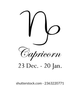 Capricorn with name and dates. Horoscope with 12 zodiac signs. From December 23 to January 20. Astrology, fortune telling, constellation, stars, ascendant, pseudoscience, natal chart. Italic style