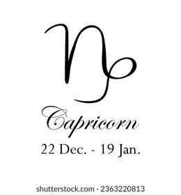 Capricorn with name and dates. Horoscope with 12 zodiac signs. From December 22 to January 19. Astrology, fortune telling, constellation, stars, ascendant, pseudoscience, natal chart. Italic style