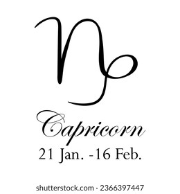 Capricorn with name and dates. New horoscope with 13 zodiac signs. From January 21 to February 16. Astrology, fortune telling, constellation, stars, ascendant, pseudoscience, natal chart. Italic style