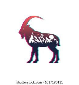 capricorn and night mountain landscape, double exposure, space view, glitch art, fantasy  style. Vector illustrations