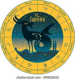 capricorn on the background urban night landscape and the starry sky in circle with the signs of the zodiac