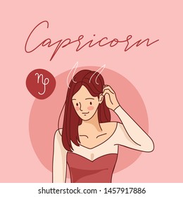 Capricorn : Pretty girl with horoscope sign on pastel background :Vector Illustration