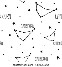 Capricorn. Seamless pattern with zodiac sign, stars and constellations. Simle minimalistic hand drawn astrological vector texture for textile, fabric, paper. Black and white, monochrome background. 