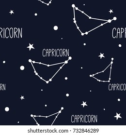 Capricorn. Seamless pattern with zodiac sign. Night sky with stars and constellations. Hand drawn astrological vector background.