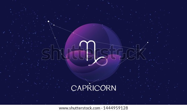 Capricorn sign background. Beautiful and simple vector\
image of night, starry sky with capricorn zodiac constellation\
behind glass sphere with encapsulated capricorn sign and\
constellation name. 