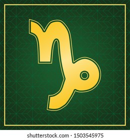 Capricorn sign illustration. Golden icon with gold contour at dark green gridded white background. Illustration.
