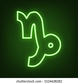 Capricorn sign illustration. Green neon icon in the dark. Blurred lightening. Illustration.