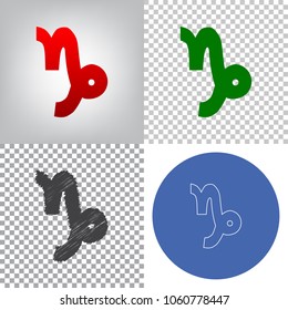 Capricorn sign illustration. Vector. 4 styles. Red gradient in radial lighted background, green flat and gray scribble icons on transparent and linear one in blue circle.