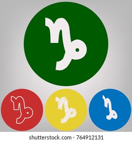 Capricorn sign illustration. Vector. 4 white styles of icon at 4 colored circles on light gray background.