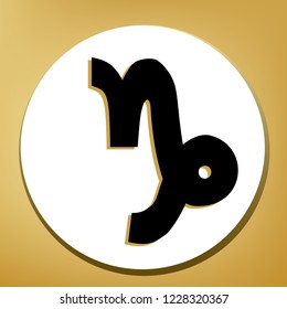 Capricorn sign illustration. Vector. Black icon with light brown shadow in white circle with shaped ring at golden background.