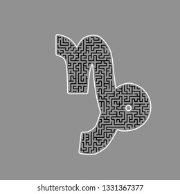 Capricorn sign illustration. Vector. Black maze filled icon with white border at gray background.