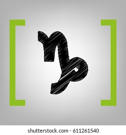 Capricorn sign illustration. Vector. Black scribble icon in citron brackets on grayish background.