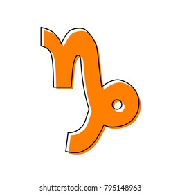 Capricorn sign illustration. Vector. Black line icon with shifted flat orange filled icon on white background. Isolated.
