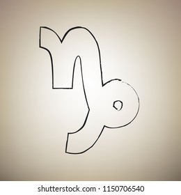 Capricorn sign illustration. Vector. Brush drawed black icon at light brown background.