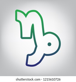 Capricorn sign illustration. Vector. Green to blue gradient contour icon at grayish background with light in center.