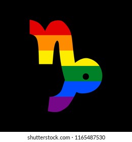 Capricorn sign illustration. Vector. Icon with colors of LGBT flag at black background.