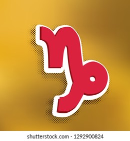 Capricorn sign illustration. Vector. Magenta icon with darker shadow, white sticker and black popart shadow on golden background.