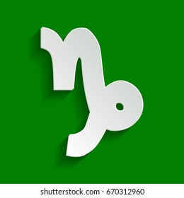 Capricorn sign illustration. Vector. Paper whitish icon with soft shadow on green background.