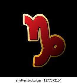 Capricorn sign illustration. Vector. Red icon with small black and limitless shadows at golden sticker on black background.