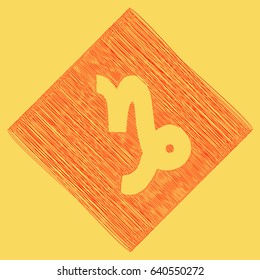 Capricorn sign illustration. Vector. Red scribble icon obtained as a result of subtraction rhomb and path. Royal yellow background.