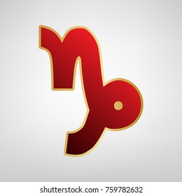 Capricorn sign illustration. Vector. Red icon on gold sticker at light gray background.