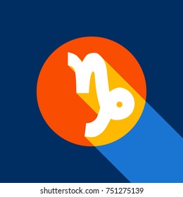 Capricorn sign illustration. Vector. White icon on tangelo circle with infinite shadow of light at cool black background. Selective yellow and bright navy blue are produced.