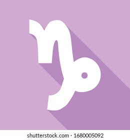 Capricorn sign illustration. White Icon with long shadow at purple background. Illustration.