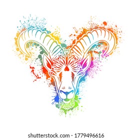 Capricorn is the sign of the zodiac. The goat's head. T-shirt print. Mixed media. Vector illustration