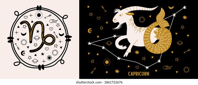 Capricorn is a sign of the zodiac. Horoscope and astrology. Vector illustration in a flat style.