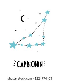 Capricorn Sign.Cute Bright Hand Drawn Zodiac Vector Illustration. Blue, Black and Light Gray Stars on a White Background. Black Moon. Childish Style Starry Sky Illustration. Black Handwritten Text.