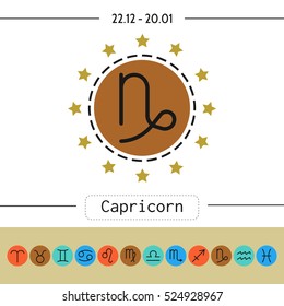 Capricorn. Signs of zodiac, flat linear icons for horoscope, predictions.