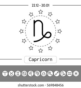 Capricorn. Signs of zodiac, flat linear icons for horoscope, predictions.