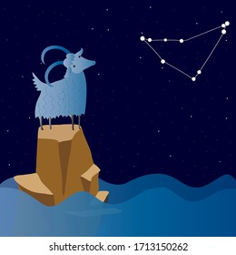 Capricorn stands on an island in the sea. Constellation сapricorn. Zodiac.