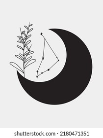 Capricorn stars constellation, simple vector art. Black moon with simple plant.