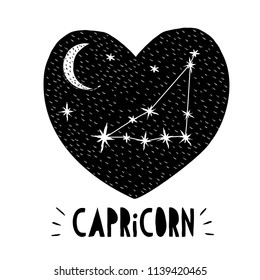 Capricorn Symbol.Naive Hand Drawn Zodiac Vector Illustration.Black Heart on a White Background.Black and White Stars and Moon.Starry Night Sky with Moon and Capricorn Sign in the Middle of Black Heart