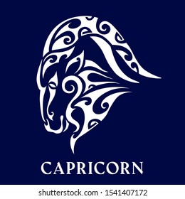 Capricorn. Tattoo Maori Tribal Style. Horoscope. Astrological Zodiac Sign. Silhouette Isolated On Blue Background