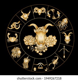 Capricorn vector and flower of Horoscope Symbols Astrology Icons Collection.Zodiac signs such as a aries, taurus, gemini, cancer, leo, virgo, libra, scorpio, sagittarius, capricorn, aquarius, pisces. 