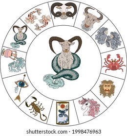 Capricorn vector and flower of Horoscope Symbols Astrology Icons Collection.Zodiac signs such as a aries, taurus, gemini, cancer, leo, virgo, libra, scorpio, sagittarius, capricorn, aquarius, pisces. 