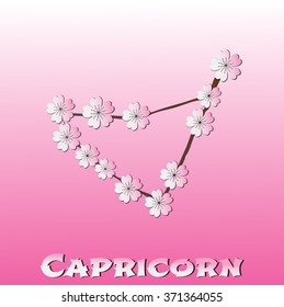 Capricorn vector Zodiac sign. Paper sakura flowers on pink background.