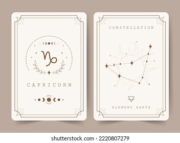 Capricorn. Witchcraft cards with astrology zodiac sign and constellation. Perfect for tarot readers and astrologers. Occult magic background. Horoscope template. Vector illustration in boho style.