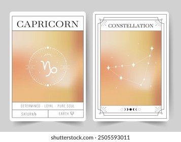 Capricornio. Tarjetas de brujería con signo del zodiaco de astrología y constelación. Carteles de astrología borrosos de gradiente moderno en estilo Y2k. Perfecto para los lectores de tarot y astrólogos. Ilustración vectorial.