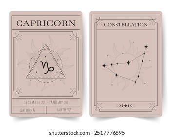 Capricorn. Witchcraft cards with astrology zodiac sign and constellation. Modern boho astrology posters. Perfect for tarot readers and astrologers. Vector illustration.