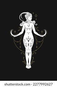 Capricorn woman antique goddess zodiac astrology line art deco celestial silhouette vector illustration. Female horned goat ancient character crescent stars horoscope astronomy lunar calendar artwork