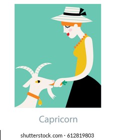 Capricorn Woman horoscope sign as a female feeding a goat. vector illustration