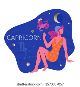 Capricorn woman zodiac and horoscope concept. Modern vector art with woman and capricorn. Illustration for horoscope and astrology apps, dating websites, astrology predictions.