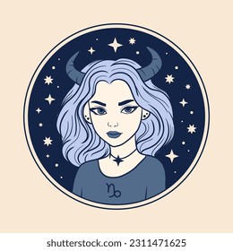 Capricorn woman zodiac sign, beautiful girl face, horoscope symbol