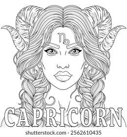 Capricorn Woman.Astrological Zodiac Sign.Coloring book antistress for children and adults. Illustration isolated on white background.Hand draw